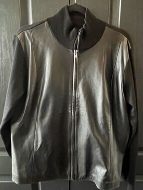 ‼️SALE‼️Eddie Bauer Leather Front Jacket Merino Wool arms Black Zip Size: XL
